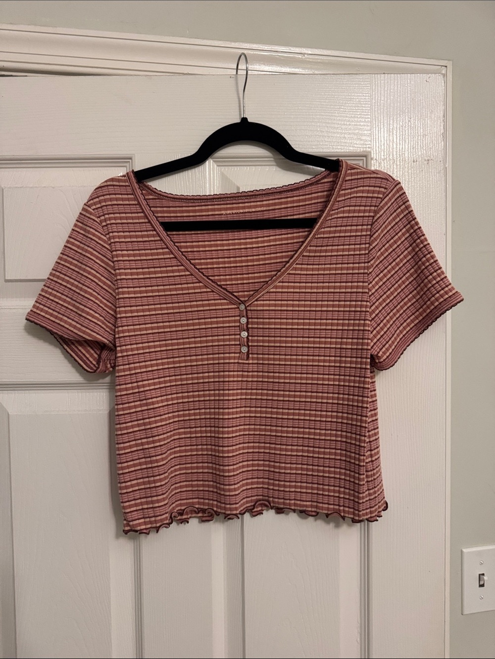 American Eagle Outfitters Pink Striped Ribbed V-Neck Crop Top